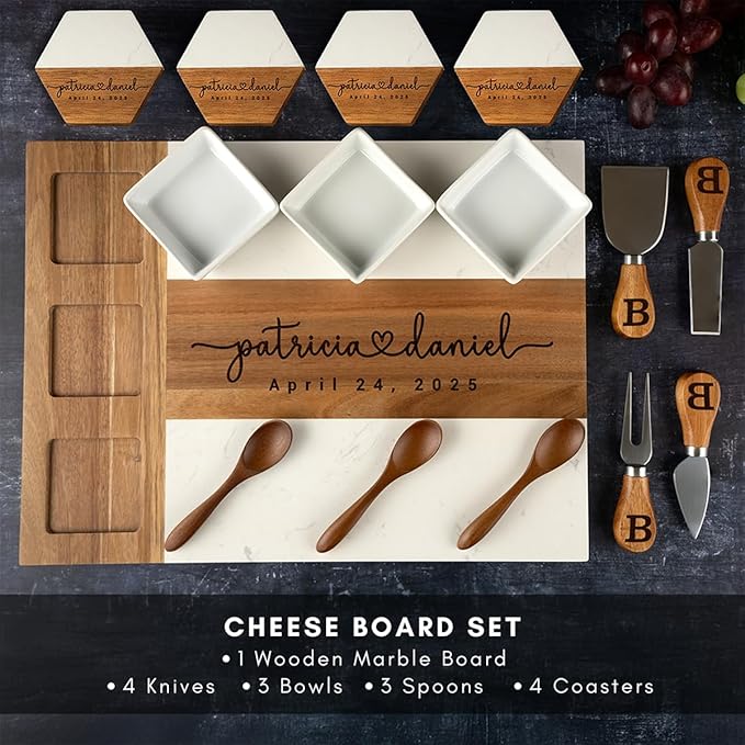Personalized Charcuterie Board Wedding Gift - Custom Marble Cheese Board, Customizable Kitchen Gifts for Couples, Wood Engraved Bridal Shower Gifts