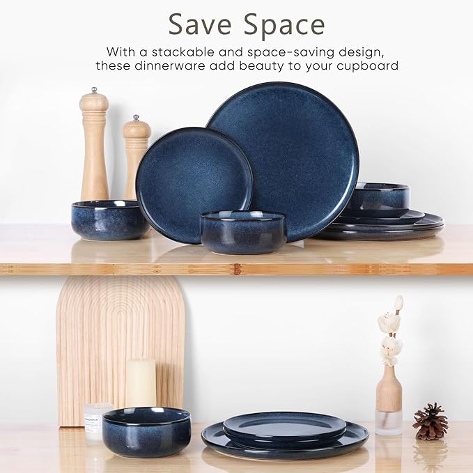 Herogo Dinnerware Sets with Pasta Bowls for 4, 16 Piece Dinner Salad Plates and Cereal Serving Bowls, Stoneware Dishes Dinner Ware for Home Kitchen, Dishwasher & Microwave Safe, Starry Blue