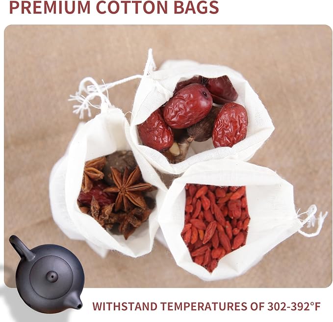 20pcs Muslin Bags with Drawstring,White Spice Bags,Safe and Natural Cotton Material Tea Filter Bags,Cheesecloth Bags for Coffee,Tea,Soup etc.6 x 8 inch.