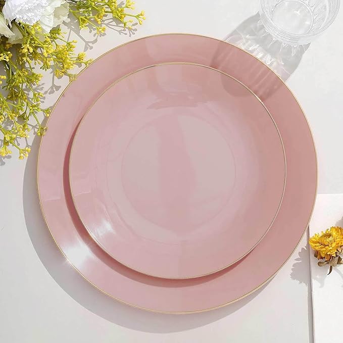Efavormart 10 Pack | 8" Glossy Dusty Rose Round Plastic Dinner Plates With Gold Rim, Disposable Party Plates