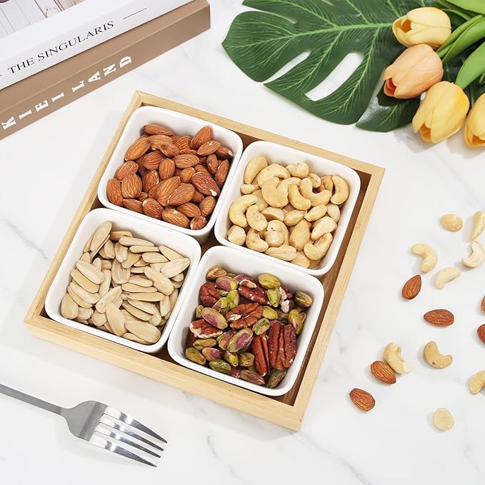 Ceramic Snack Bowls with Bamboo Tray Set,Divided Serving Bowls and Platters for Hosting & Party,Removable Serving Dishes for Chips and Dip,Fruit,Veggies,Candy and Snacks Kitchen Decor (4)