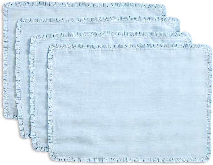 Solino Home Ice Water Linen Placemats 14 x 19 Inch - 100% Pure Linen Juliette Ruffle Placemats Set of 4 - Handcrafted and Machine Washable Table Mats for Christmas, New Year
