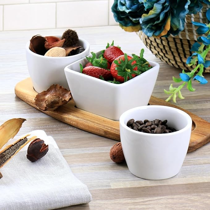EFFETTO 3 Bowl Tidbit Set | 1 Square & 2 Round Bowls | On An Acacia Wood Tray | Ceramic | Great For Dips, Bite-Sized Sweets, and Snacks