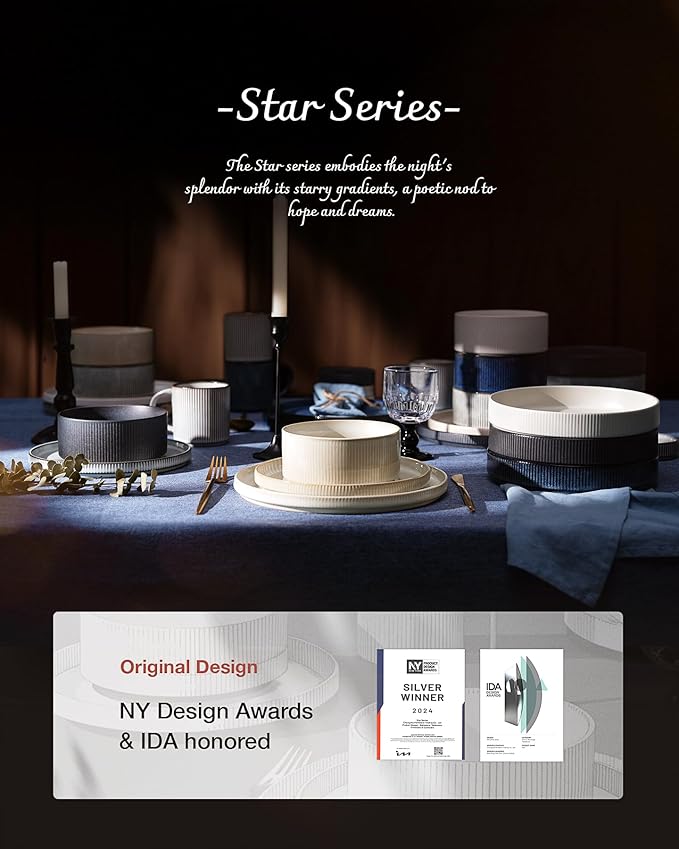 Famiware Star Dinnerware Set with Plates and Bowls, Service for 4 (16-Piece), Stoneware Kitchen Dishes Dinner Sets - Vanilla White