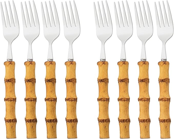 8pcs Natural Bamboo Salad Fork Set, Dessert Fork For Home Wedding Party Or Restaurant Daily Use, 304 Stainless Steel, 7.87-inch (Silver)