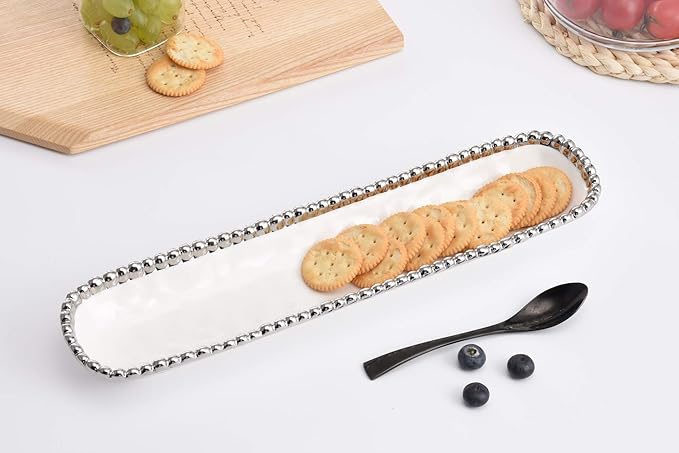 Pampa Bay Salerno Porcelain Cracker Tray with Titanium-Plated Border, White and Silver
