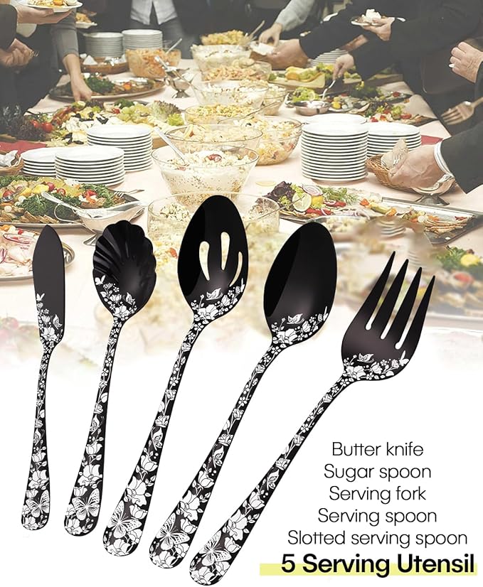 Stapava Serving Utensils Set Black, 5-Piece Large Hostess Set, Stainless Steel Flatware Serving Set, Ideal for Buffet Catering Party, Mirror Polished, Dishwasher Safe