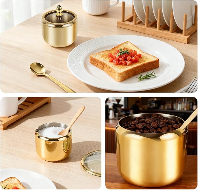 Sugar Bowl with Lid and Spoon - 10oz Gold Stainless Steel Sugar Container, Coffee Bar Accessory for Kitchen & Home, Stores Salt & Candy