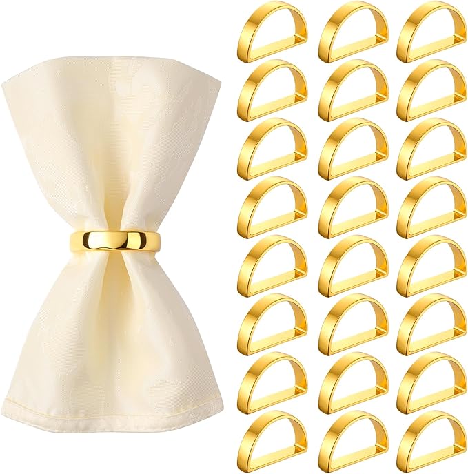 Suream Stainless Steel Napkin Rings, 24 Packs Napkin Ring Holders for Table Kitchen Dinner Party Wedding Decoration(Bright Gold Semicircle)