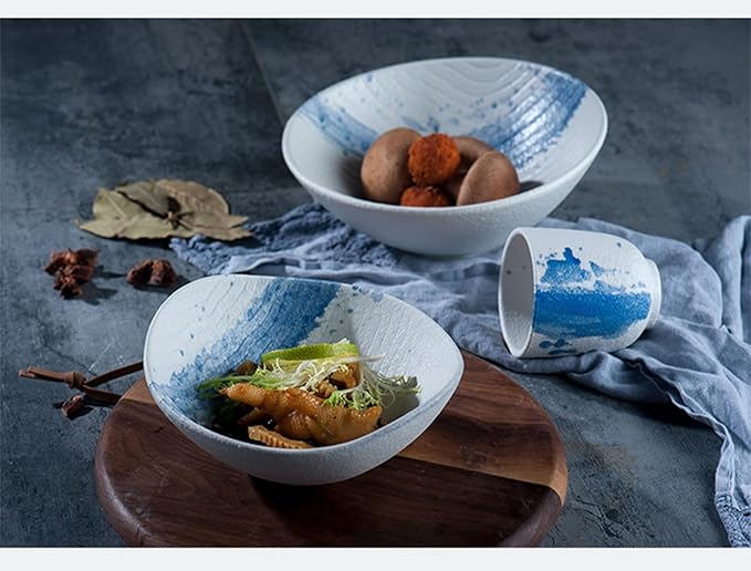 Ceramics Dinnerware Set, Plates and Bowls Sets for Restaurant, 36 Pieces Blue Splash Ink Tableware Combination Set, Matte Irregular Shape Porcelain Dinner Set