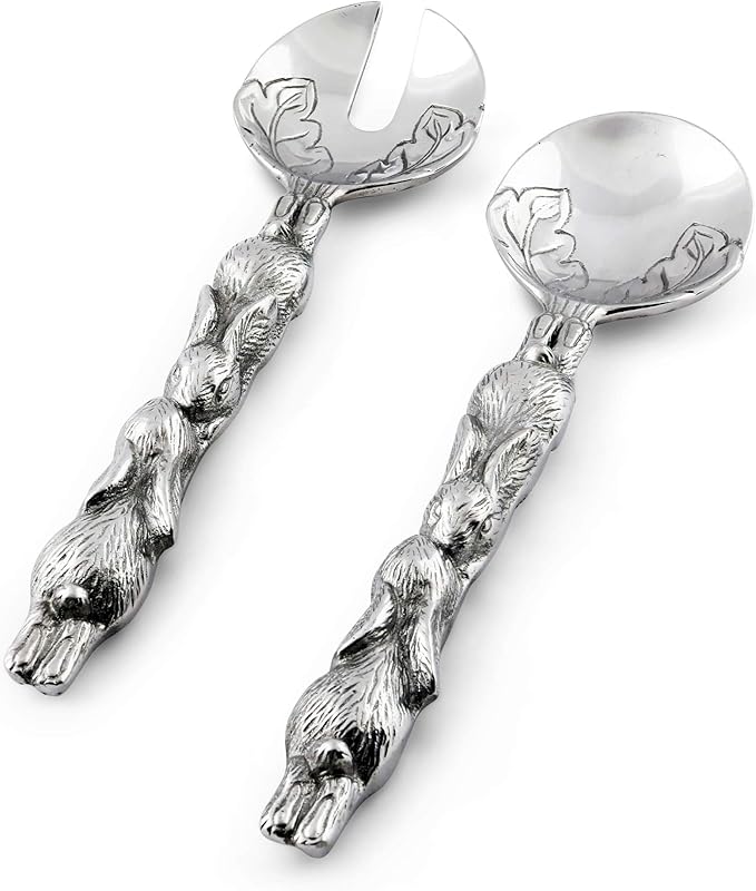 Arthur Court Designs Aluminum Metal Bunny Salad Serving Spoon and Salad Serving Fork, Salad Servers Set 11 inch Long