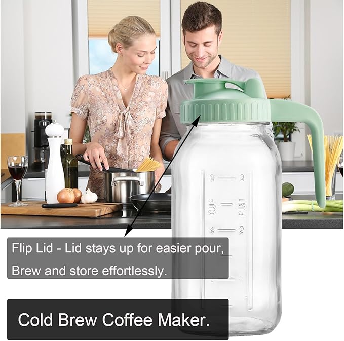 Fermus Cold Brew Coffee Maker, 64oz / 2Quart Glass Pitcher with Stainless Steel Filter and Pour Spout Handle Lid, Mason Jar for Making Cold Coffee, Fruit Drinks, Sun Tea (1, 64 Ounces)