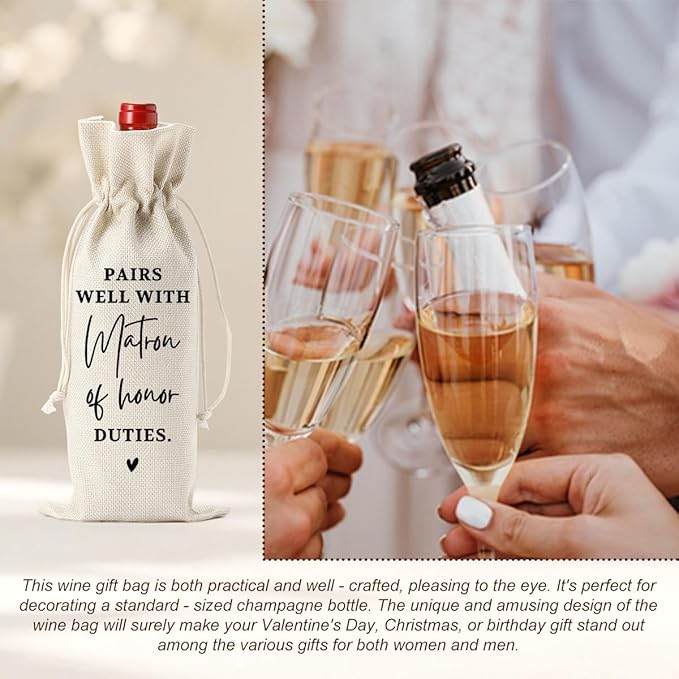 Matron of Honor Gifts, Engagement Wine Bag, Maid of Honor Proposal, Wedding Wine Bag, Bridal Shower Gift, Burlap Bottle Bags With Drawstring for Bridesmaid Wedding Dinner Bachelorette Party