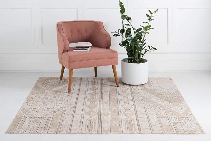 Rugs.com Oregon Collection Rug – 8 Ft Square Ivory Low-Pile Rug Perfect for Living Rooms, Kitchens, Entryways