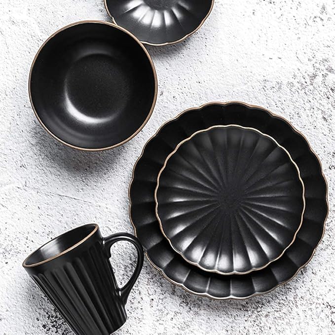 Dinnerware Set,White Porcelain Dinnerware Set, Petal Shape Ceramic Plates and Bowls Sets, Modern Creativity Vintage Round Dishes Set, Service for 10