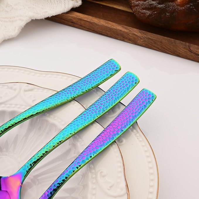 6 PCS Hammered Serving Utensils, Uniturcky Stainless Steel Serving Spoons Set, Square and Thick Hostess Serving Set, Includes 2 Serving Spoon 2 Serving Fork and 2 Slotted Spoon, Mirror Rainbow