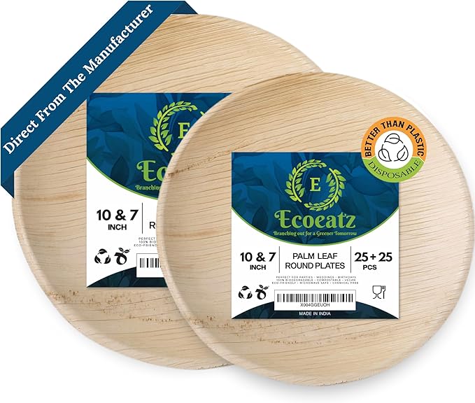 50 Pack 10" & 7" Round Palm Leaf Bamboo Plates – Compostable & Disposable Appetizer Plates, Strong Decorative Tableware for Weddings, Lunch, Dinner, BBQ, Picnics & Outdoor Events