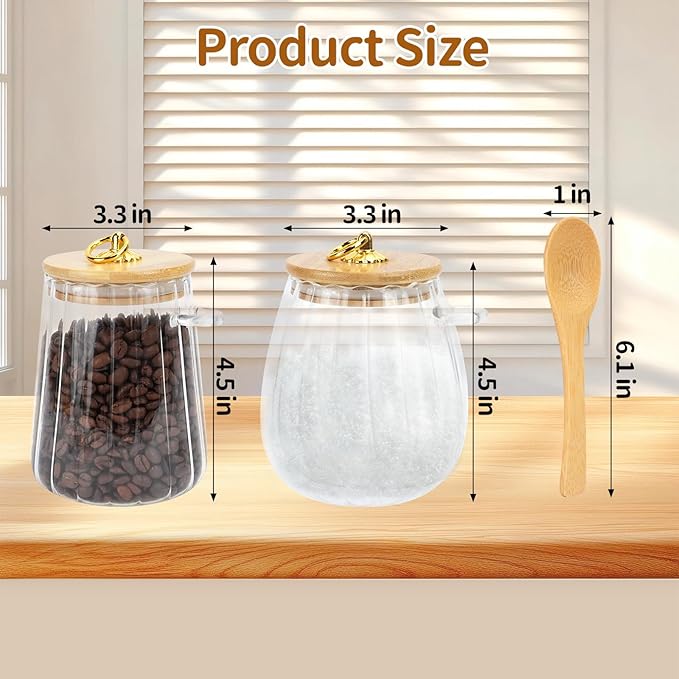 2Pcs Sugar Container with Bamboo Lid and Spoon, Glass Sugar Bowl, Clear Airtight Coffee Canister, Large Capacity Glass Jar for Storing Sugar Oats Coffee Beans Spices Tea