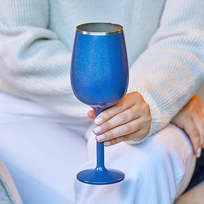 NEWPORT Stemware Collection Premium Vacuum Insulated Stainless Steel Wine Glass, Lightweight Wine Glass, Unbreakable & Drinks Stay Cold, Non-Slip Silicon Base, Cocktail Glasses, 12oz, Dark Walnut