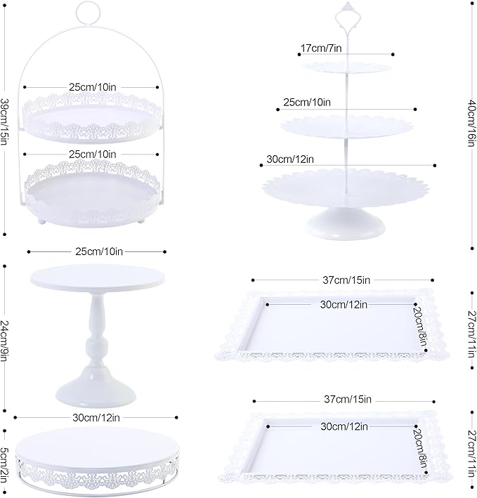 6 Pcs White Cake Stands Set, QENUIITEA Cake Display Pedestal Tiered Cupcake Holder Dessert Plate Serving Tower Tray Decorative for Wedding Birthday Party Baby Shower Celebration