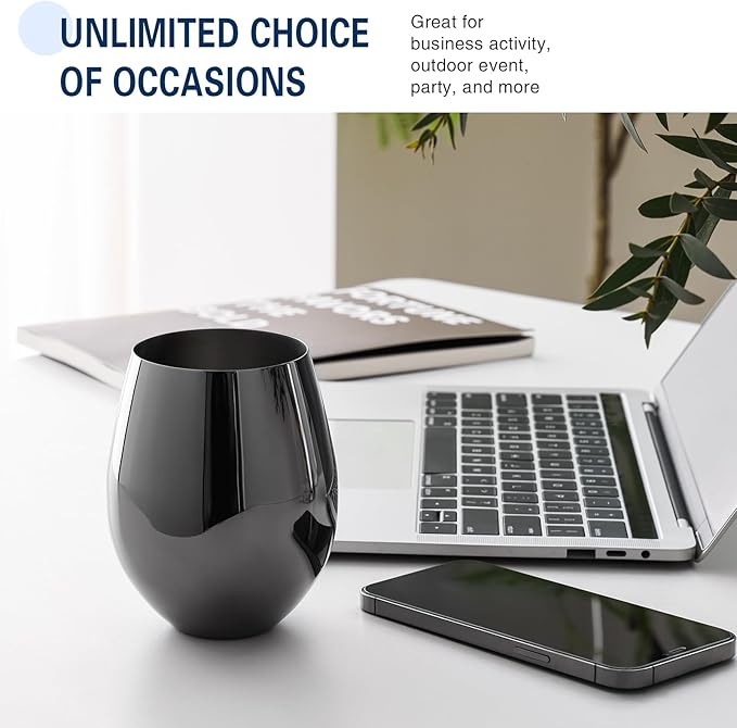 WOTOR Black Stainless Steel Wine Glasses Set of 4, 18oz Unbreakable Stemless Metal Wine Glass for Outdoor, Travel, Camping, Pool