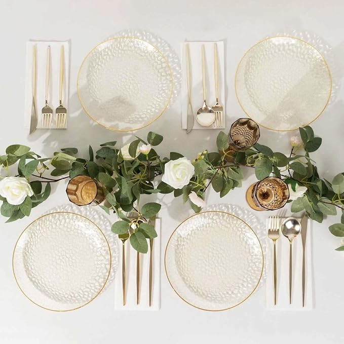 Efavormart 10 Pack Gold Glitter Clear Hammered Plastic Dinner Plates, Round Disposable Party Plates With Gold Rim - 9"