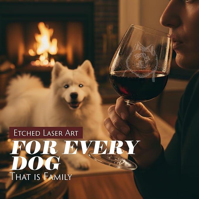 Etched Laser Art Personalized Dog Themed Etched Wine Glass - Custom Dog Breed Wine Glasses, Ideal for Pet Lovers, Unique Birthday Gift for Men & Women, Personalized Gift - Samoyed, 12.75 oz