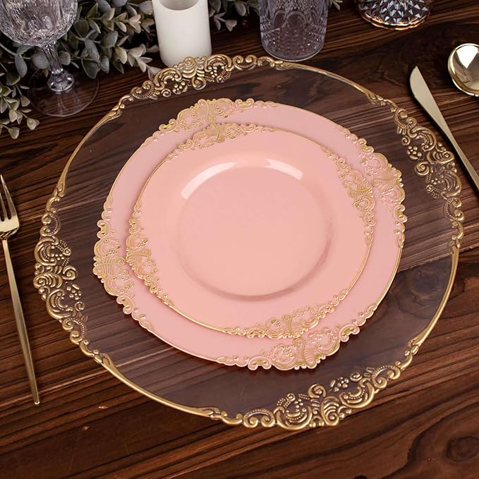 8" Salad Plates -Set of 10 - Plastic Rose Gold Round Baroque Disposable Chargers Leaf Embossed Rim, Ideal for Dinner Party Wedding Bulk Events