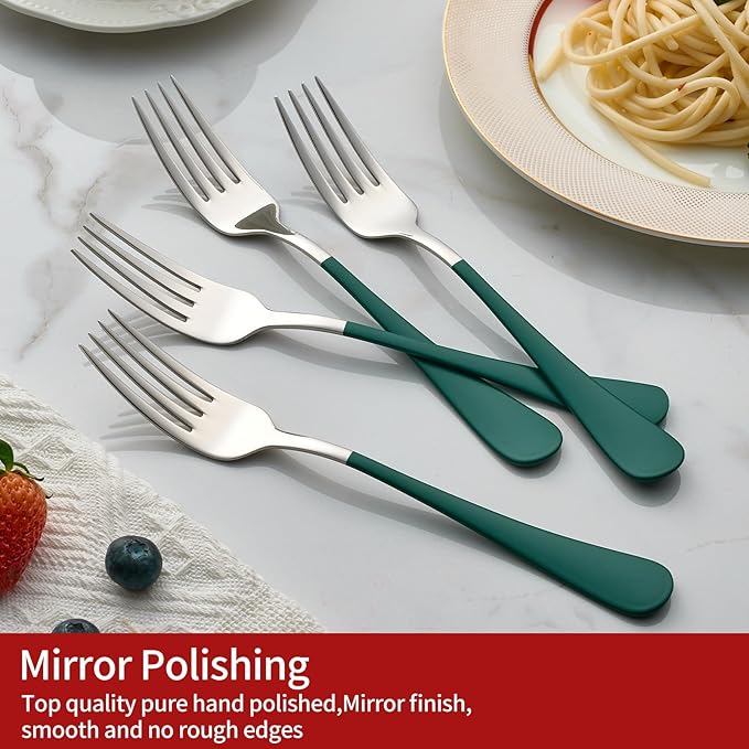 24 piece Green Forks and Spoons Silverware Set,Green Handle Silverware 18/0 Stainless Steel Flatware Bulk Forksand Spoons Dessert Forks of 24