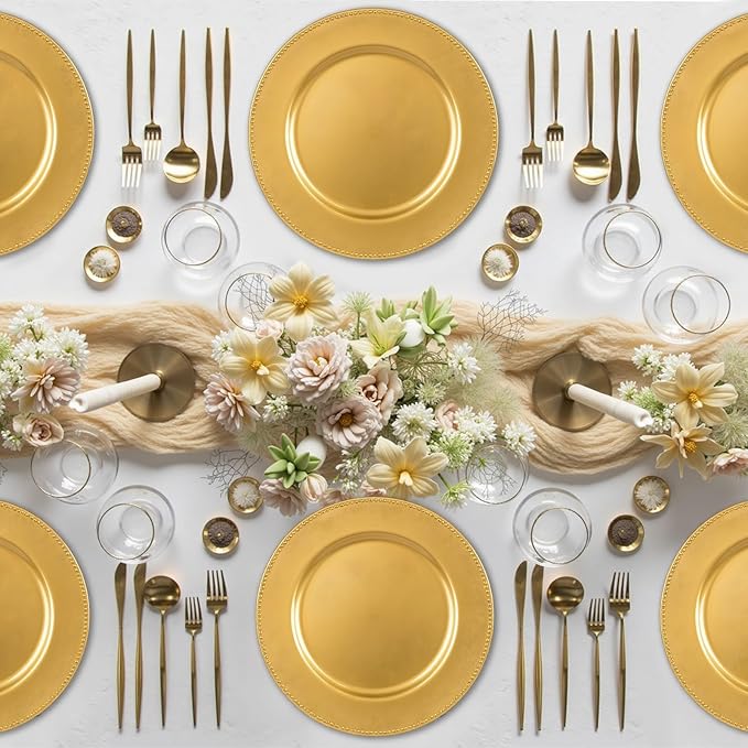PROY 50 Pack Gold Charger Plates, 13 Inch Plastic Round Gold Chargers for Dinner Plates with Beaded Rim, Reusable Plastic Table Chargers for Wedding, Party