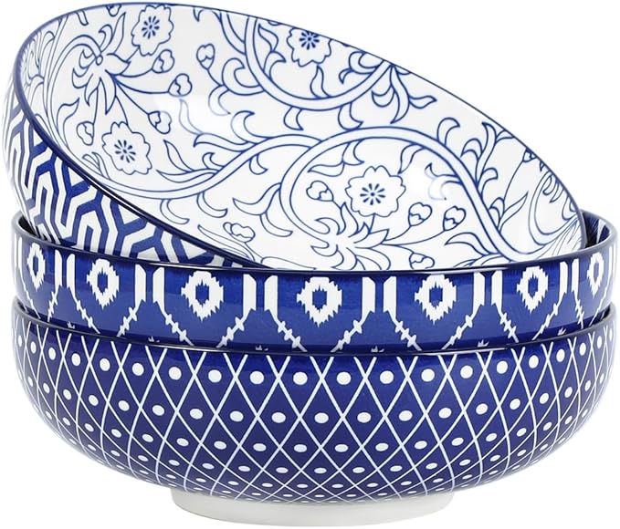 Selamica 9.5" Serving Bowls, 60 OZ Large Salad Bowls Set of 3 for Entertaining Party, Ceramic Bowls for Kitchen, Pasta, Soup, Dinner, Vintage Blue