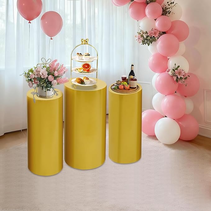 Eapmic Pedestal Stands for Party, Cake Pedestal Stand, Dessert Table Display Plinth Pillars, Sculpture Display Column Decoration Cube for Wedding Birthday (Gold, Cylinder-3Pcs(27.56"+26"+23.62"))