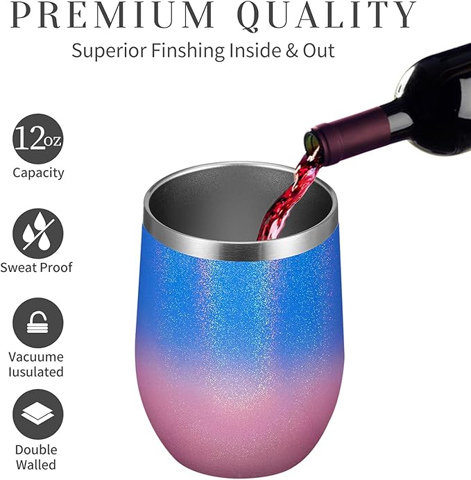 MEWAY 12oz/4 Pack Wine Tumbler Glasses with Lid - Stemless Double Wall Vacuum Stainless Steel Glitter Tumbler - Keeping Cold & Hot Cup for Coffee,for Women(Gradient Pink,Set of 4)