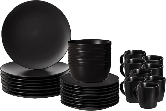 Rimmed Dinnerware Set | Mugs, Salad and Dinner Plates and Bowls Sets, Dishes with Highly Chip and Crack Resistant, Dishwasher and Microwave Safe (Black, Service For 8)