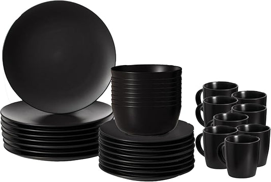 Rimmed Dinnerware Set | Mugs, Salad and Dinner Plates and Bowls Sets, Dishes with Highly Chip and Crack Resistant, Dishwasher and Microwave Safe (Black, Service For 8)