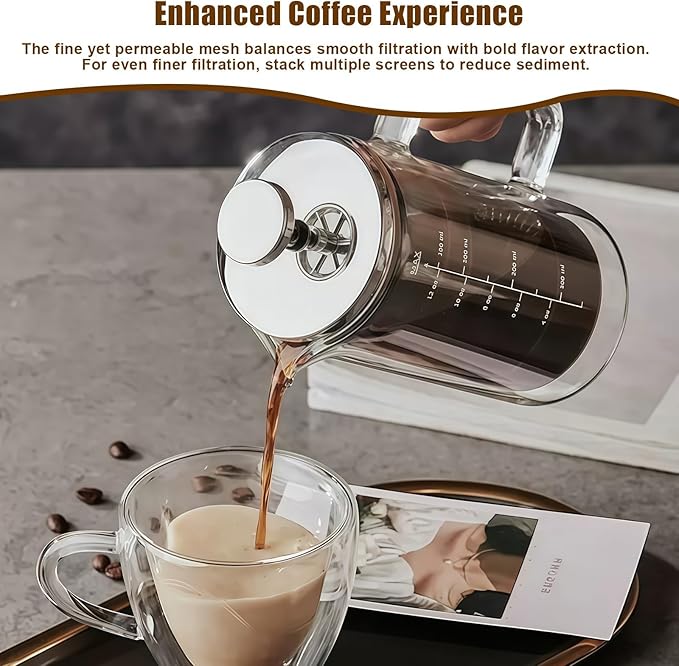 French Press Replacement Filters Stainless Steel Mesh Screen Universal 1000 ml, 34 Oz, 8 Cup Coffee & Tea Makers (6 PACK)