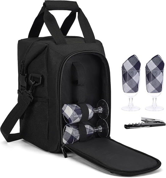 ALLCAMP 4 Bottle Wine Gift Bag - Insulated Tote Cooler, Adjustable Strap, Includes 4 Wine Glasses, Napkins & Corkscrew, Portable Travel Gifting (Black)