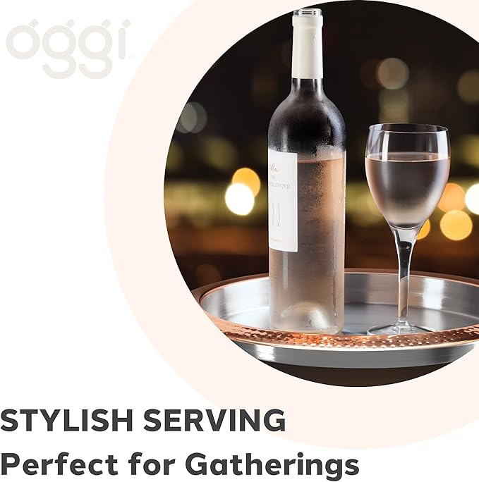 OGGI Round Stainless Steel Tray with Copper Rim 14" - Ideal for Coffee Table, Decorative, Tea and Bar Serving