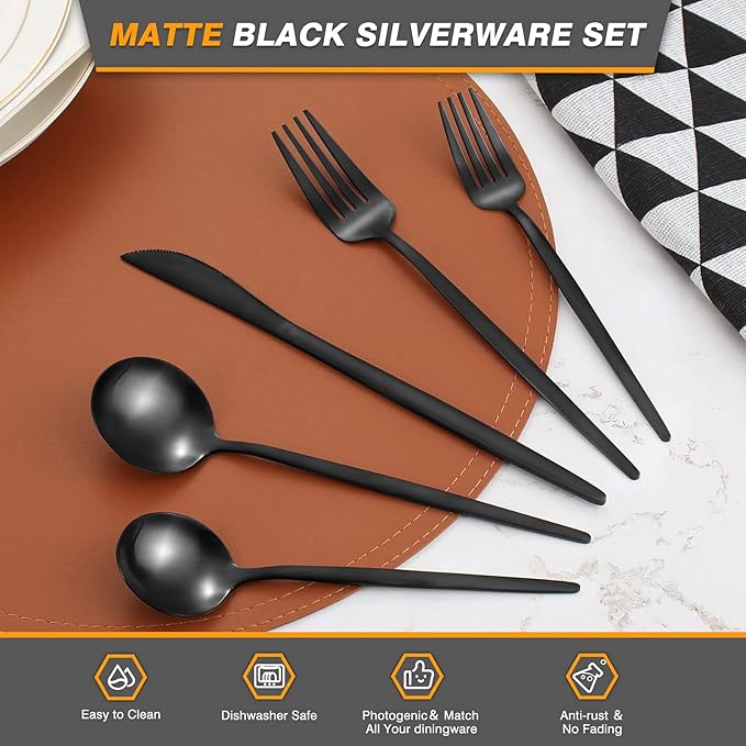 40 Pieces Silverware Set，Matte Black Stainless Steel Flatware Cutlery Set Service for 8, Stain Finish Kitchen Utensil Set，Include Dinner Knives Forks and Spoons Silverware, Dishwasher Safe