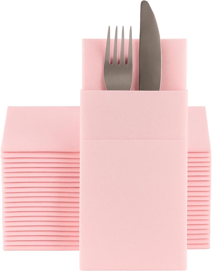 Baby Pink Dinner Napkins Cloth Like with Built-in Flatware Pocket, Linen-Feel Absorbent Disposable Paper Hand Napkins for Kitchen, Bathroom, Parties, Weddings, Dinners or Events, Pack of 50