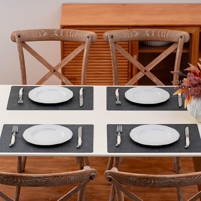Vinyl Placemats Set of 4 - Faux Leather 100% Waterproof Oil-Proof Wipeable PU Place Mats, Heat Resistant Reversible Table Mats for Kitchen, Dining, Outdoor (Black)