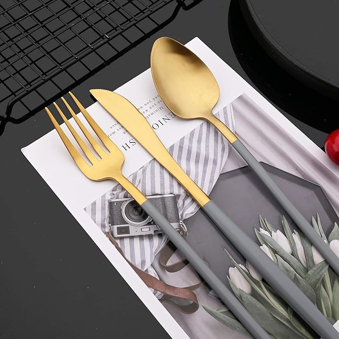 JASHII Matte Grey and Gold Silverware Set, 304 Stainless Steel Flatware Set Service for 4, Tableware Cutlery Set for Home Restaurant Party, Dinner Forks/Spoons/Knives, Slim Handle, Dishwasher Safe