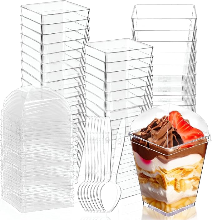 25Pack 5oz Plastic Dessert Cups with Lids and Spoons, Square Clear Parfait Appetizer Cups, Mini Reusable Shooter Serving Cup, Party Dessert Shot Glasses for Tasting