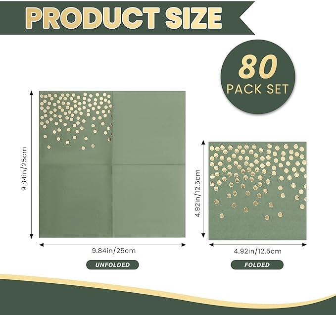 80 Pack of Paper Cocktail Napkins with Gold Foil Polka Dot Confetti，Polka Dot Party Supplies(5 x 5 in，2-ply) (80, Gradient Green)