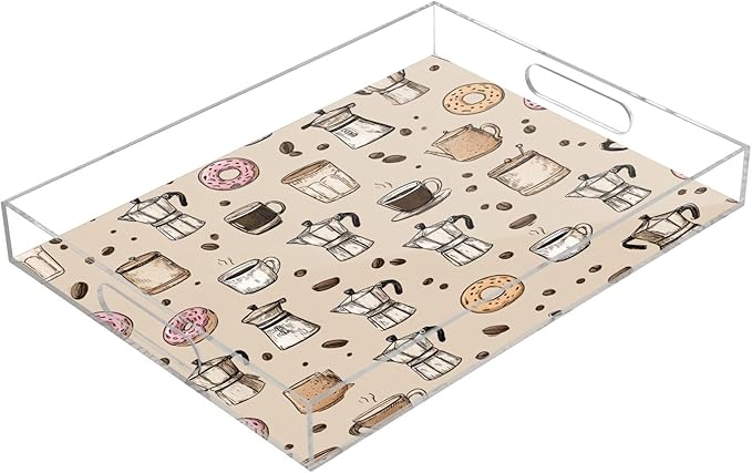 Serving Tray with Handles Clear Acrylic Tray 12x16 Inch Decorative Rectangular Tray Organizer for Ottoman Coffee Table Bathroom Beige Donut Coffee Cups and Moka Pots