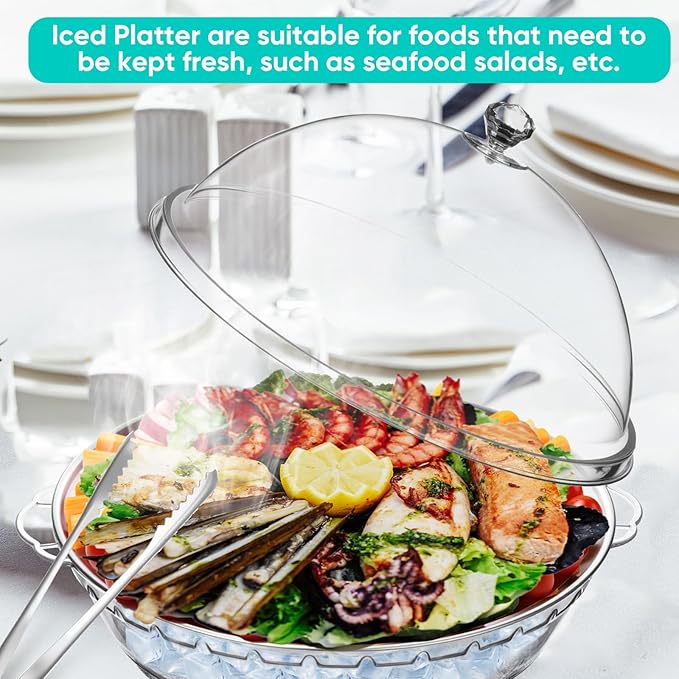 Baderke 11.8" Chilled Serving Tray for Parties with Compartments and lid Ice Chilled Party Platter Charcuterie Serving Board Cold Dish Dip for Fruit Seafood Vegetable Shrimp Cocktail(Silver,2 Pcs)