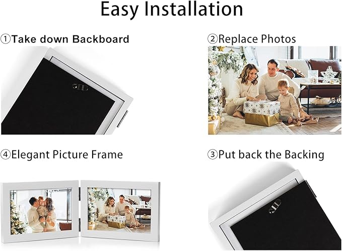 4x6 Double Horizontal Hinged Picture Frame Folding Photo Frame in White Pine Wood with Real Glass for Tabletop P-BAI-2H46