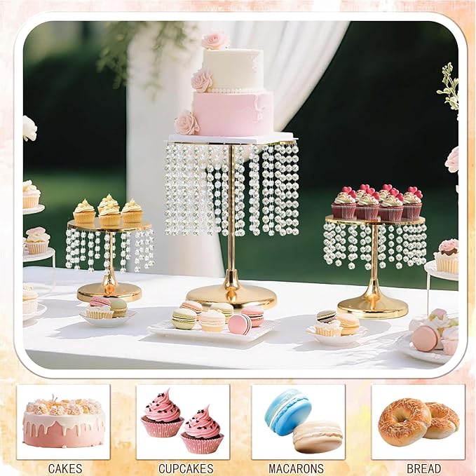 Metal Mirror Cake Stand Set with Crystal Pendants - Elegant Dessert Table Display for Weddings, Birthday Parties, Baby Showers, Events - Sturdy Crystal Bling Cupcake Stands for Pastries, Sweets, Decorations (Gold, Set of 6)