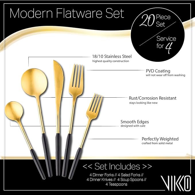 Vikko Dine Modern Silverware Set: Unique Brushed Black and Gold Set - Satin Matte - 18/10 stainless steel flatware For Upscale Dining and Entertaining- 20 Piece Cutlery Set - Service for Four (4)