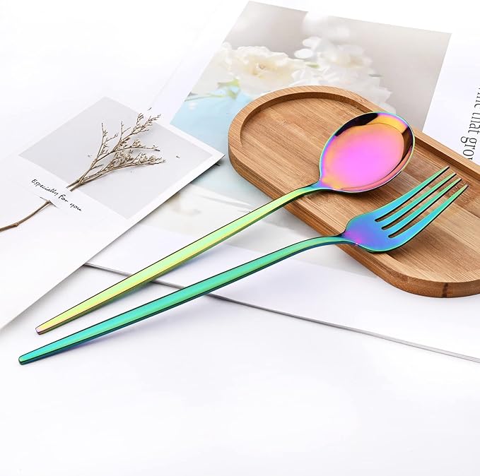 30Pcs Rainbow Simplicity Mirror Finished Cutlery Set, 18/0 Stainless Steel Daily Use Silverware Kitchen Home Restaurant Party Dessert Flatware Set Include Knife/Fork/Spoon, Service For 6